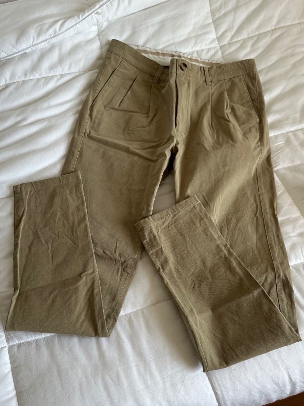 Tan 4 way stretch pleated slim chino pants